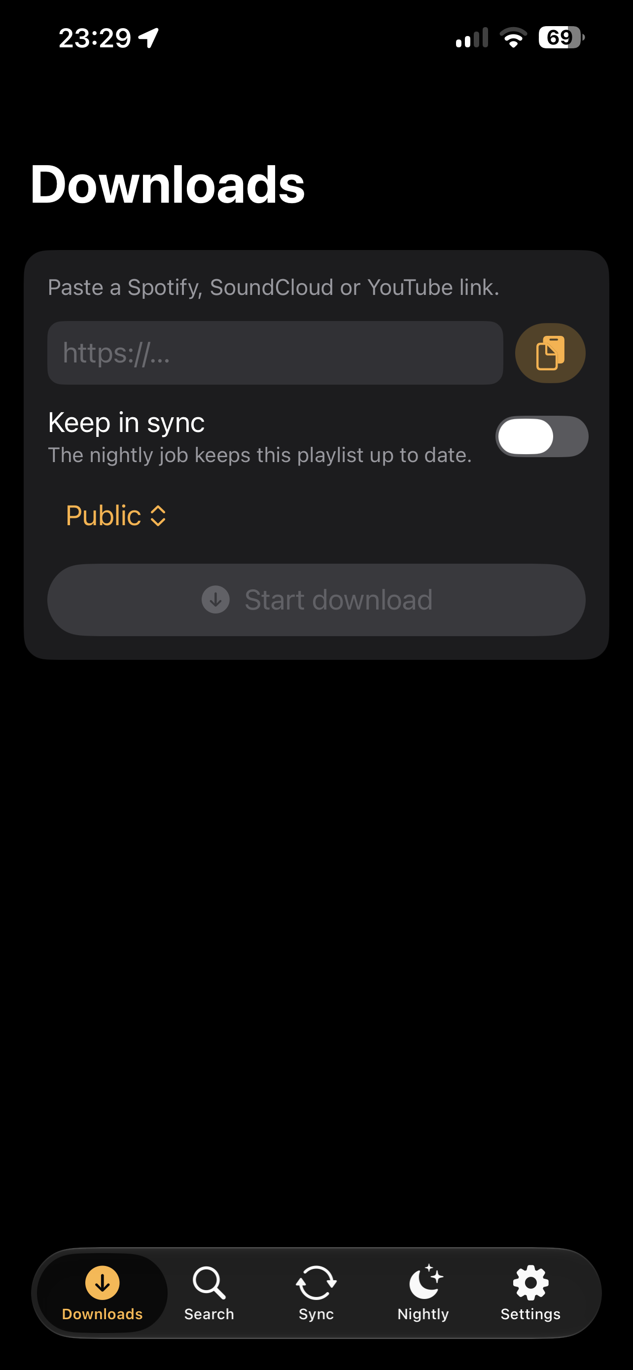 The downloads screen with its live log